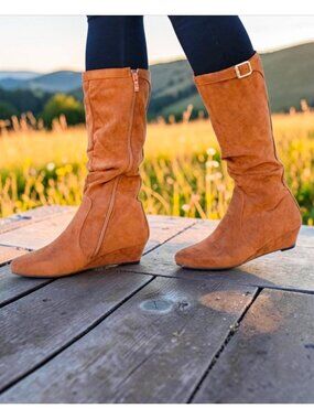 Tan Knee-High Faux Suede Wedge Boots With Side Zipper & Buckle Accent For Women